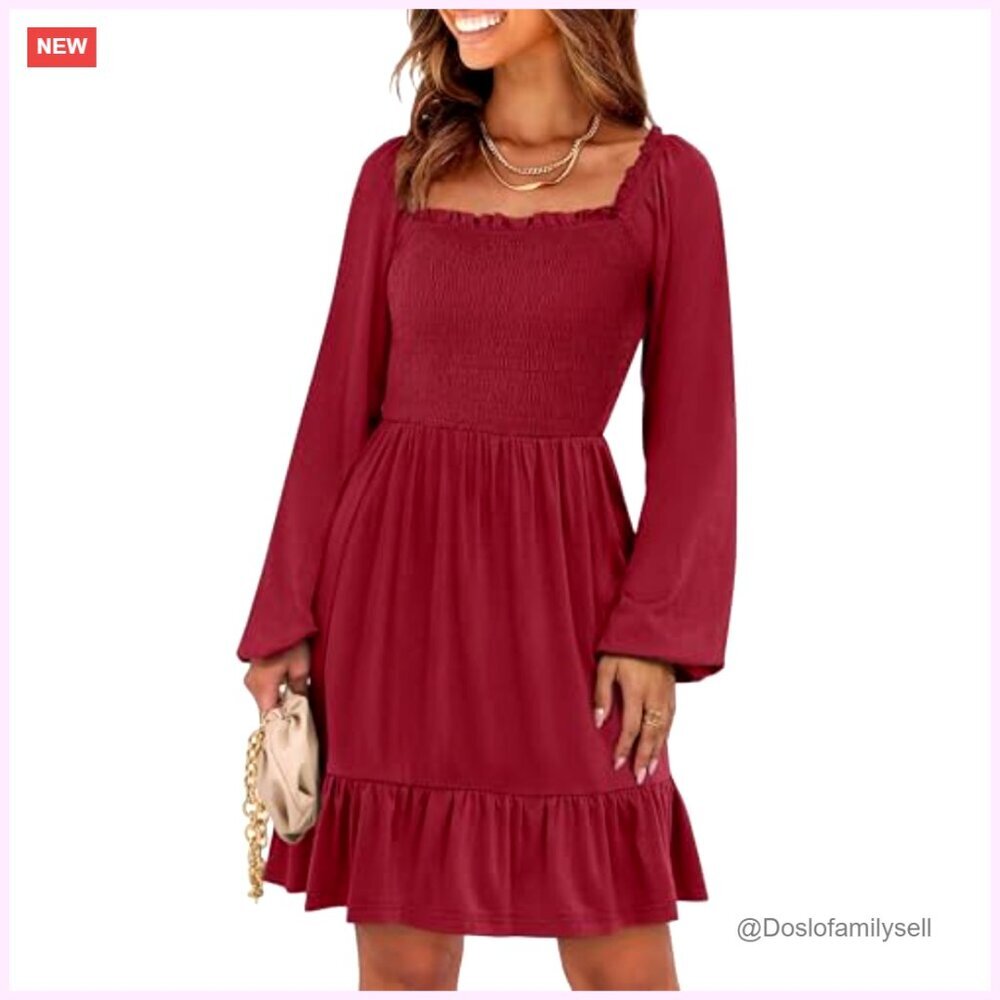Long Sleeve Square Neck Smocked Dress High Waist Tiered Ruffle Swing - Picture 2 of 7